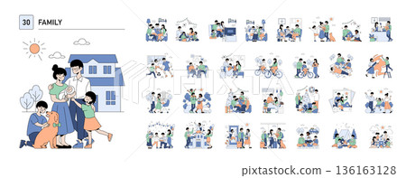 Collection of vector illustrations depicting family moments. Scenes include playing, cycling, and celebrating with kids and pets. Emphasizes joy and togetherness in everyday life. Collection of vector illustrations depicting family moments. Scenes include playing, cycling, and celebrating with kids and pets. Emphasizes joy and togetherness in everyday life. 136163128