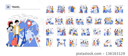 Vector illustration of a couple embarking on a travel adventure, exploring new places with joy. Various scenes depict travel activities like airport check-ins, sightseeing, and beach relaxation. Vector illustration of a couple embarking on a travel adventure, exploring new places with joy. Various scenes depict travel activities like airport check-ins, sightseeing, and beach relaxation. 136163129