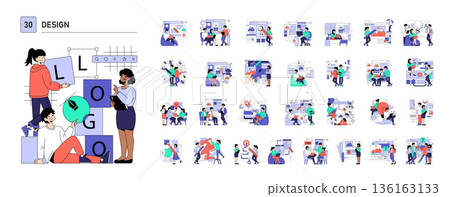 Vector illustration set featuring a collaborative logo design process. Diverse team working together to create innovative designs, discussing, and sketching ideas with enthusiasm. Vector illustration set featuring a collaborative logo design process. Diverse team working together to create innovative designs, discussing, and sketching ideas with enthusiasm. 136163133