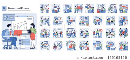 Business professionals discuss financial data on charts during a meeting. The vector illustration showcases teamwork in analyzing graphs and statistics, emphasizing collaboration. 136163136