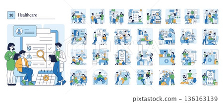 Healthcare vector illustration showing three medical professionals evaluating patient records and data. Emphasizes teamwork in medical diagnostics and patient care in a healthcare setting. Healthcare vector illustration showing three medical professionals evaluating patient records and data. Emphasizes teamwork in medical diagnostics and patient care in a healthcare setting. 136163139