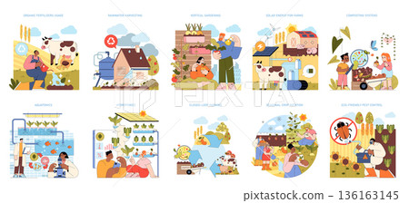 Vector illustration depicting various sustainable farming techniques, including organic fertilizers, aquaponics, vertical gardening, and solar energy usage. Engages with eco-friendly practices. 136163145