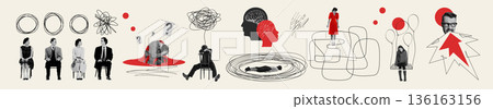 Conceptual collage of 8 business people facing confusion stress and decision pressure. Banner Conceptual collage of 8 business people facing confusion stress and decision pressure. Banner 136163156