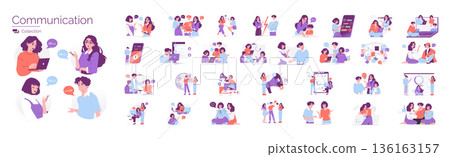 Collection of vector illustrations showing people engaged in various modes of communication and interaction. Diverse settings include digital, face-to-face, and teamwork scenarios. Collection of vector illustrations showing people engaged in various modes of communication and interaction. Diverse settings include digital, face-to-face, and teamwork scenarios. 136163157