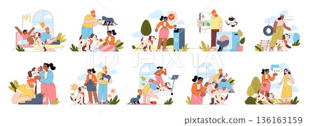 Vector illustration set depicting diverse family scenarios with pets. Images include family time, feeding pets, recycling, exercising, and caring for animals, showcasing daily family activities. Vector illustration set depicting diverse family scenarios with pets. Images include family time, feeding pets, recycling, exercising, and caring for animals, showcasing daily family activities. 136163159