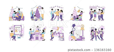 Vector illustration set showing festive family gatherings during holidays and joyful student graduation celebrations. Images feature gift exchanges, decorations, and academic achievements. 136163160