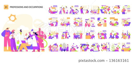 Vector illustration showcasing various professions and occupations. Characters are depicted in their respective work environments, highlighting teamwork, diversity, and collaboration. 136163161