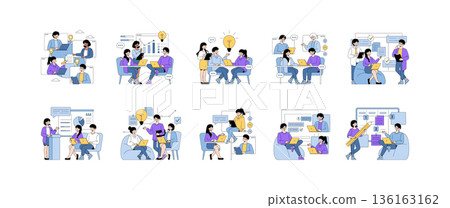 Vector illustration depicting diverse teams collaborating and brainstorming ideas. Includes scenes of discussion, teamwork, and presenting new concepts with visual aids and technology. Vector illustration depicting diverse teams collaborating and brainstorming ideas. Includes scenes of discussion, teamwork, and presenting new concepts with visual aids and technology. 136163162