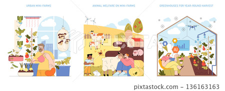 Vector illustration showcasing sustainable agriculture concepts. Features urban mini-farms, animal welfare on mini-farms, and advanced greenhouses for year-round harvests using AI technology. 136163163