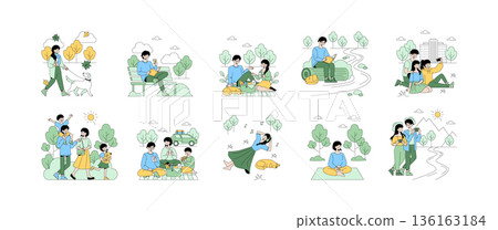Vector illustration set depicting various family and leisure activities in a park. Scenes include families walking, reading, picnicking, and enjoying nature, conveying relaxation and joy. Vector illustration set depicting various family and leisure activities in a park. Scenes include families walking, reading, picnicking, and enjoying nature, conveying relaxation and joy. 136163184