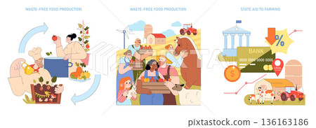 Illustrated concepts of sustainable waste-free food production with diverse farmers harvesting produce and state aid supporting farming through financial means. Vector illustration highlights eco Illustrated concepts of sustainable waste-free food production with diverse farmers harvesting produce and state aid supporting farming through financial means. Vector illustration highlights eco 136163186