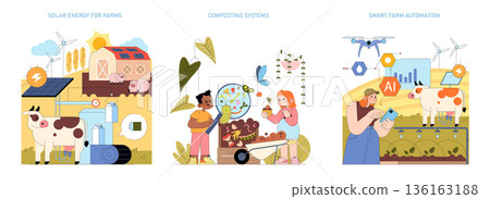 Vector illustration set highlighting sustainable farming practices, featuring solar energy on farms, composting systems, and smart farm automation with AI technology for improved efficiency. 136163188