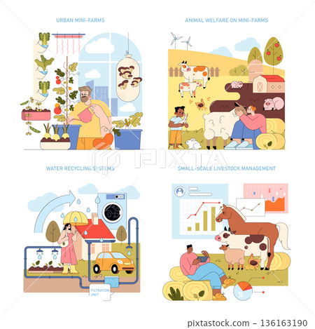 Vector illustrations showcasing diverse mini-farming techniques. Images include urban gardening, animal welfare on mini-farms, water recycling systems, and small-scale livestock management. These Vector illustrations showcasing diverse mini-farming techniques. Images include urban gardening, animal welfare on mini-farms, water recycling systems, and small-scale livestock management. These 136163190