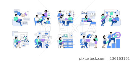 Vector illustration set showcasing diverse office team collaboration, featuring professionals in various work situations. Includes teamwork, data analysis, project planning, and business growth Vector illustration set showcasing diverse office team collaboration, featuring professionals in various work situations. Includes teamwork, data analysis, project planning, and business growth 136163191