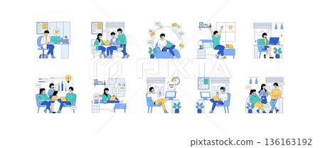 Vector illustration depicting various office and remote work scenarios. Features group collaboration, solo work, and break time activities with people interacting positively. Vector illustration depicting various office and remote work scenarios. Features group collaboration, solo work, and break time activities with people interacting positively. 136163192
