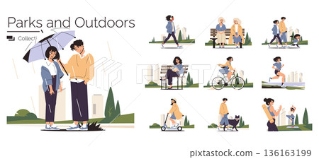 Vector illustration depicting various outdoor activities in a park setting. Includes people walking, biking, jogging, and relaxing under umbrellas. Perfect for lifestyle and leisure themes. Vector illustration depicting various outdoor activities in a park setting. Includes people walking, biking, jogging, and relaxing under umbrellas. Perfect for lifestyle and leisure themes. 136163199