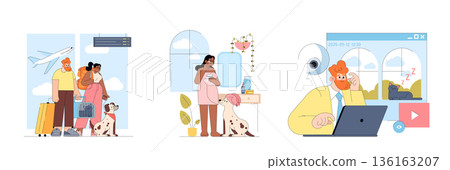 Vector illustration of a family with a dog at the airport, preparing for a flight. Another scene shows a woman and dog by a window, while a man works on a laptop, with a cat sleeping nearby. Vector illustration of a family with a dog at the airport, preparing for a flight. Another scene shows a woman and dog by a window, while a man works on a laptop, with a cat sleeping nearby. 136163207