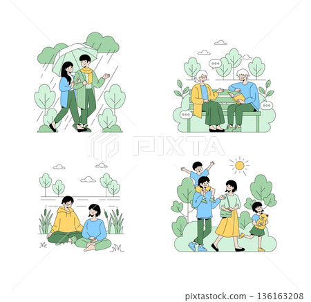 Set of vector illustrations depicting different life moments. A couple walks in the rain, seniors chat on a bench, a family enjoys a park stroll, and two people meditate outdoors. Set of vector illustrations depicting different life moments. A couple walks in the rain, seniors chat on a bench, a family enjoys a park stroll, and two people meditate outdoors. 136163208