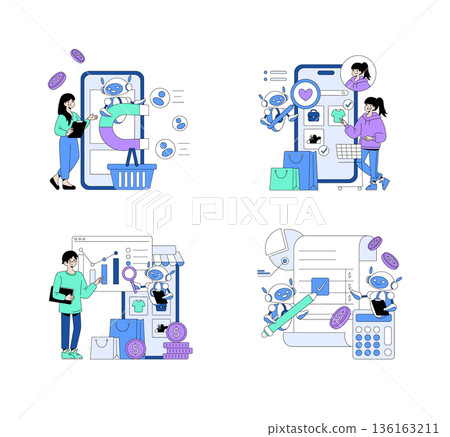 Vector illustration depicting people interacting with AI for online shopping and data analytics. Features virtual assistants aiding in decision-making and data visualization. Vector illustration depicting people interacting with AI for online shopping and data analytics. Features virtual assistants aiding in decision-making and data visualization. 136163211