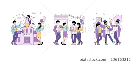 Vector illustration depicting joyful school celebrations. Groups of people engaging in festive activities, including graduation and parties, creating a sense of happiness and achievement. Vector illustration depicting joyful school celebrations. Groups of people engaging in festive activities, including graduation and parties, creating a sense of happiness and achievement. 136163212