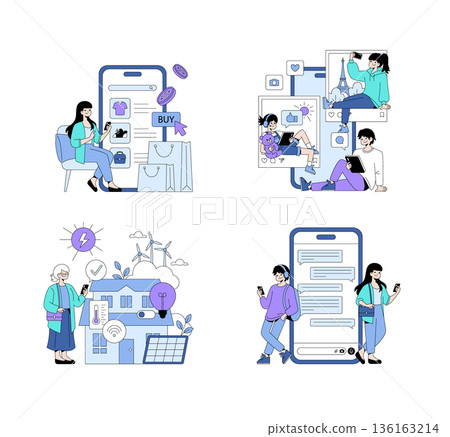 Vector illustration depicting modern lifestyles with technology integration. Includes online shopping, social media interaction, energy management, and digital communication. Diverse scenes showcase 136163214