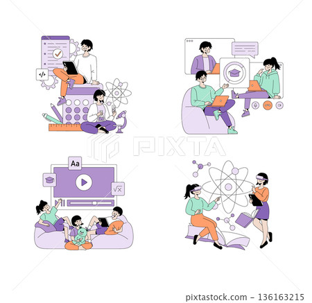 Vector illustration showcasing diverse online learning scenes with family interaction. Displays people engaging with technology, studying materials, and using virtual reality for education. 136163215