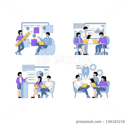 Vector illustration depicting four scenes of teamwork in a business environment. Includes collaborative strategy planning, group discussions, presentations, and project management activities. Vector illustration depicting four scenes of teamwork in a business environment. Includes collaborative strategy planning, group discussions, presentations, and project management activities. 136163216