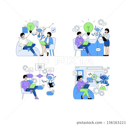 Vector illustration depicting people interacting with AI technology. They work together on laptops and tablets, exchanging ideas and collaborating on innovative solutions. Vector illustration depicting people interacting with AI technology. They work together on laptops and tablets, exchanging ideas and collaborating on innovative solutions. 136163221