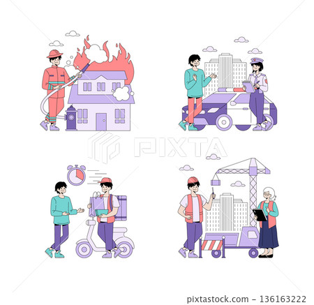 Vector illustration set showcasing various professional roles and actions, including firefighting, law enforcement, delivery service, and construction work. Features action-oriented scenes Vector illustration set showcasing various professional roles and actions, including firefighting, law enforcement, delivery service, and construction work. Features action-oriented scenes 136163222