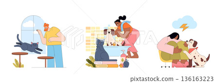 Vector illustration showing a playful puppy enjoying a bath, a curious cat watching with amusement, and a dog being comforted during a thunderstorm. Captures joy and comfort in pet interactions. 136163223