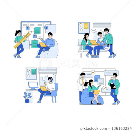 Vector illustration depicting four scenes of team collaboration in an office setting. Includes activities like project planning, discussion around a laptop, and individual work, reflecting teamwork Vector illustration depicting four scenes of team collaboration in an office setting. Includes activities like project planning, discussion around a laptop, and individual work, reflecting teamwork 136163224