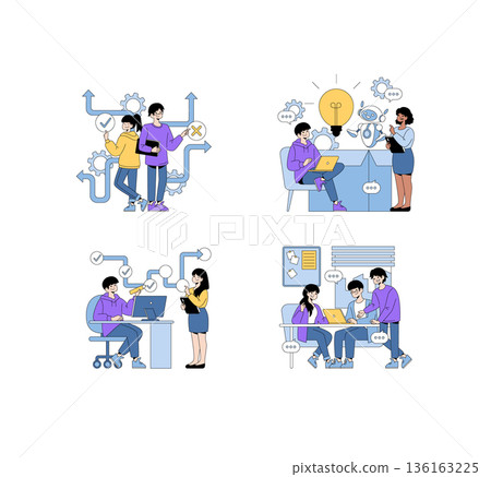 Business vector illustration depicting collaboration in a modern office setting. People engage in teamwork, brainstorm solutions, and discuss ideas, showcasing effective communication and planning. Business vector illustration depicting collaboration in a modern office setting. People engage in teamwork, brainstorm solutions, and discuss ideas, showcasing effective communication and planning. 136163225