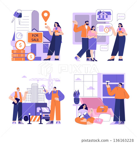 Vector illustration set depicting real estate activities including house purchase, construction planning, and home improvement tasks. Ideal for realty and home renovation themes. Vector illustration set depicting real estate activities including house purchase, construction planning, and home improvement tasks. Ideal for realty and home renovation themes. 136163228