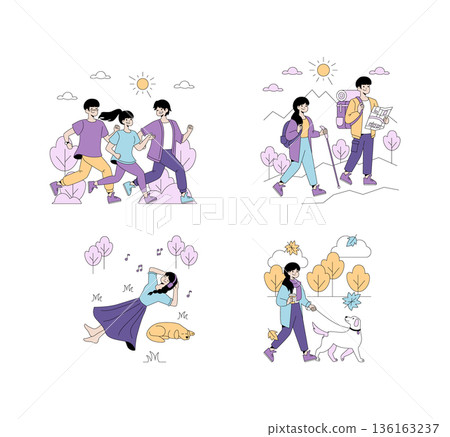Vector illustration showing activities like jogging, hiking, relaxing, and dog walking. Captures diverse expressions of joy, relaxation, and adventure in different outdoor settings. Vector illustration showing activities like jogging, hiking, relaxing, and dog walking. Captures diverse expressions of joy, relaxation, and adventure in different outdoor settings. 136163237