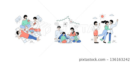 Vector illustrations depict a family enjoying various leisure activities. Scenes include a picnic with drinks, playing with children and toys, and a couple joyfully dancing outdoors. 136163242