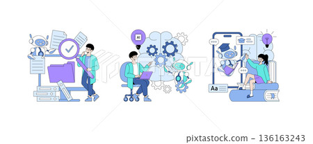 Engaging vector illustration showcasing AI-assisted document organization, creative programming tasks, and educational interactions with robots. Highlights innovation, technology, and learning. 136163243