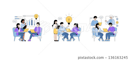 Vector illustration showcasing team collaboration in a modern workspace. Individuals brainstorm ideas, work with laptops and graphs, and engage in online communication to enhance creativity. Vector illustration showcasing team collaboration in a modern workspace. Individuals brainstorm ideas, work with laptops and graphs, and engage in online communication to enhance creativity. 136163245
