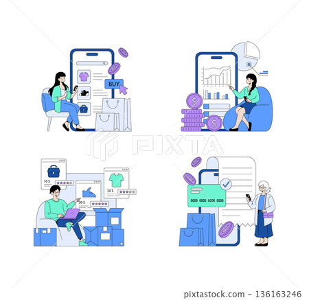 Vector illustration depicting people engaging in online shopping and financial transactions via mobile devices. Scenes include selecting products, payment processing, and analyzing financial data. 136163246