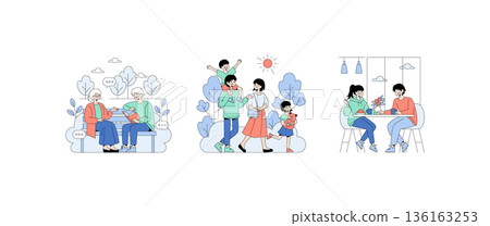 Vector illustration set showing scenes of family activities and conversations outdoors and in a cafe. Includes talking on a park bench, a family walk with children, and a cafe meeting. 136163253