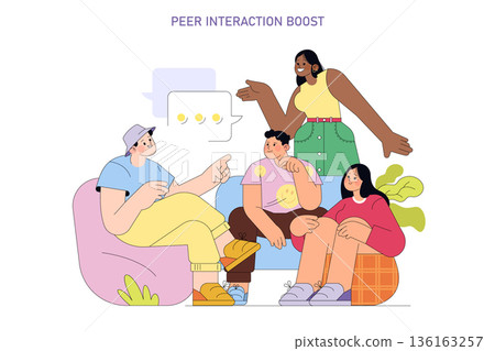 Group of diverse people engaging in animated discussion, expressing ideas with positive body language. Vector illustration captures casual conversation and peer interaction. 136163257