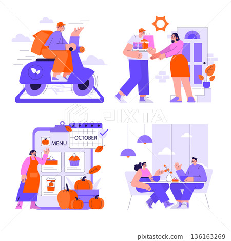 Vector illustration depicting various autumn activities. A person on a scooter delivering food, greeting a customer, discussing a menu with pumpkins, and two people chatting at a cafe. Vector illustration depicting various autumn activities. A person on a scooter delivering food, greeting a customer, discussing a menu with pumpkins, and two people chatting at a cafe. 136163269