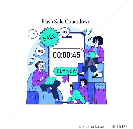 Vector illustration of an animated flash sale countdown. People with devices and shopping bags are engaging in online shopping during a time-sensitive sale event. Discounts displayed prominently. 136163283