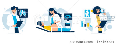 Medical professionals engaged in diagnostics, depicted in a vector illustration, showcasing activities like analyzing X-rays, performing ultrasounds, and evaluating ECGs. Emphasis on modern healthcare 136163284