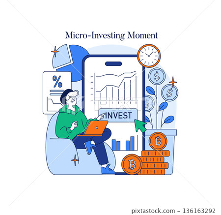 Vector illustration of a person using a laptop to engage in micro-investing. The image includes graphs, cryptocurrency symbols, and financial elements, highlighting digital investment trends. 136163292