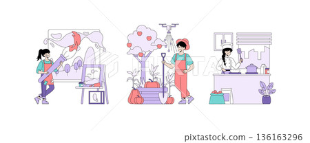 Vector illustration of people engaging in creative activities: painting a canvas, gardening with plants and fruits, and cooking in a kitchen. Each person is enthusiastically immersed in their task. Vector illustration of people engaging in creative activities: painting a canvas, gardening with plants and fruits, and cooking in a kitchen. Each person is enthusiastically immersed in their task. 136163296