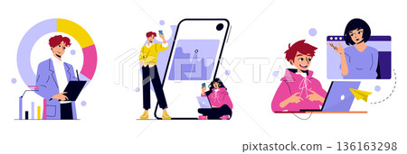 Vector illustration of individuals engaging with business charts, mobile devices, and virtual communication. The scene captures teamwork, data analysis, and digital interaction in modern settings. Vector illustration of individuals engaging with business charts, mobile devices, and virtual communication. The scene captures teamwork, data analysis, and digital interaction in modern settings. 136163298