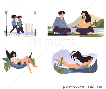 Set of vector illustrations depicting outdoor and indoor relaxation activities. Features two people meditating, a pair walking in a park, a woman reading in a hammock, and another swimming underwater. 136163306
