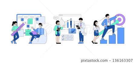 Business team collaborating on project planning, analyzing charts, and achieving goals. Vector illustration depicting teamwork, strategy development, and success in business tasks. 136163307