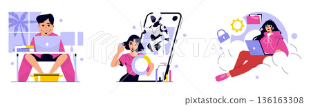 Vector illustration depicting three scenes: a person at a desk with a laptop, another engaged with robotic technology on a phone, and a third person relaxing with a laptop. Symbols of tech and 136163308