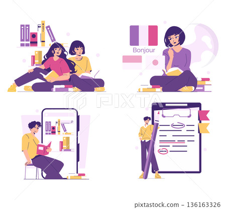 Set of vector illustrations featuring students reading together, language learning, studying with books, and examining documents. Vibrant and educational themes emphasize learning. Set of vector illustrations featuring students reading together, language learning, studying with books, and examining documents. Vibrant and educational themes emphasize learning. 136163326